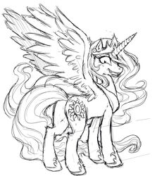 absurd_res alicorn buttercup_saiyan english_text equid equine feathered_wings feathers female feral friendship_is_magic grin hasbro hi_res horn looking_back mammal monochrome my_little_pony mythological_creature mythological_equine mythology princess princess_celestia_(mlp) rape_face royalty smile solo text wings