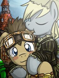 3:4 alternative_fashion blonde_hair blue_eyes blush brown_body brown_fur brown_hair closed_eyes clothing derpy_hooves doctor_whooves_(mlp) duo earth_pony equid equine eyewear female feral friendship_is_magic fur goggles grey_body grey_fur hair hasbro horse mammal my_little_pony nom outside paper_bag pony saturnspace sky smile steampunk