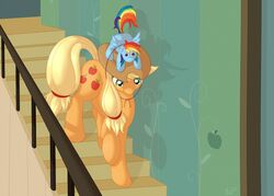 2013 applejack_(mlp) blonde_hair blue_body blue_feathers blue_fur clothing cowboy_hat cutie_mark digital_media_(artwork) earth_pony equid equine feathered_wings feathers female feral friendship_is_magic fur green_eyes hair hasbro hat headgear headwear horse inside mammal multicolored_hair my_little_pony mythological_creature mythological_equine mythology orange_body orange_fur pegasus plushie pony quadruped rainbow_dash_(mlp) rainbow_hair ratofdrawn solo wings wood