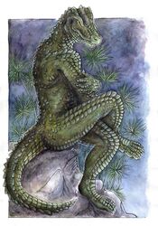 anthro crocodile crocodilian crocodylid kirsch male nude pose reptile scalie smile solo yellow_eyes