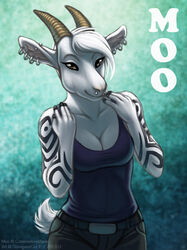 anthro bovid breasts caprine cleavage clothed clothing digital_media_(artwork) ear_piercing facial_piercing female goat horn mammal moo_lawgoat nose_piercing piercing septum_piercing shaded shinigamigirl skimpy solo tattoo