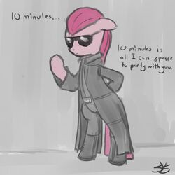 1:1 2011 albert_wesker capcom clothing cosplay costume crossover earth_pony english_text equid equine eyewear female friendship_is_magic fur hair hasbro horse mammal my_little_pony parody pink_body pink_fur pink_hair pinkamena_(mlp) pinkie_pie_(mlp) pony resident_evil simple_background solo source_request speccysy straight_hair sunglasses text