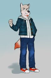 anthro biped black_nose bottomwear canid canine canis clothed clothing denim denim_bottomwear denim_clothing fist footwear fully_clothed genchi jeans male mammal pants pose shoes simple_background solo standing wolf