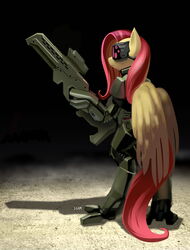 abstract_background absurd_res anthro anthrofied armor biped black_background digital_media_(artwork) equid equine eyewear feathered_wings feathers female fluttershy_(mlp) friendship_is_magic futuristic futuristic_armor futuristic_clothing futuristic_gun futuristic_suit goggles gun hair hasbro hi_res high_tech_armor machine mammal my_little_pony mythological_creature mythological_equine mythology pegasus pink_hair power_armor ranged_weapon rifle shaded simple_background solo standing vombavr weapon wings yellow_body yellow_feathers