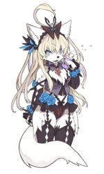 3:5 accessory ahoge alpha_channel ankh anthro blonde_hair breasts cleavage clothed clothing fangs female flower hair hair_accessory hi_res kemono liquid long_hair looking_at_viewer mammal plant simple_background solo teeth transparent_background unknown_species vial wkar