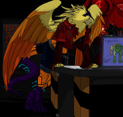 anthro avian beak bleuhawke breasts clothing desk feathered_wings feathers female furniture futuristic gryphon mythological_avian mythological_creature mythology non-mammal_breasts solo source_request table tail wings