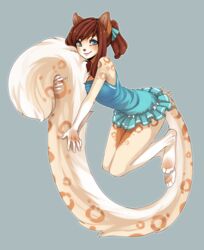 accessory ambiguous_gender anthro blue_eyes bow_(feature) bow_accessory bow_ribbon brown_hair clothing dress felid hair hair_accessory hair_ribbon hairbow hanaface hi_res leopard leopard_spots mammal pantherine ribbons solo spots