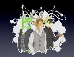 4_fingers ada_oz_(character) anthro antlers beard brown_body brown_fur brown_hair brown_nose canid canine canis classy claws clock clothed clothing deer dipstick_ears dress_shirt ear_markings facial_hair fingers fur goatee gradient_background green_body green_fur green_hair group hair hare holding_object horn jacket jegermaistro lagomorph leporid looking_at_viewer male mammal multicolored_ears necktie niic outline pocketwatch shirt short_hair simple_background smile suit tan_body tan_fur teal_nose topwear trashdogeking vest watch whiskers white_body white_fur wolf