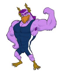 abs anthro armpit_hair avian beak biceps big_muscles biped body_hair brock_pearson brown_eyes bulge cobaltcerberus disney feathers feet flexing grin hair horn looking_at_viewer male monster monsters_inc monsters_university mullet muscular muscular_anthro muscular_male pecs pixar pose purple_body purple_hair simple_background smile solo standing talons toes white_background wrestling wrestling_singlet