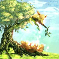 1:1 ambiguous_gender brown_body brown_fur canid canine cloud day den duo eevee feral fur generation_1_pokemon grass leaf looking_down looking_up lying mammal multi_tail nintendo on_back outside perched plant pokemon pokemon_(species) sky tail tree vulpix weiwei-ninja