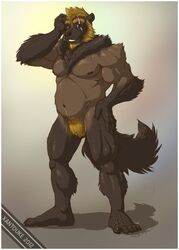 anthro biceps big_muscles blonde_hair blue_eyes border fur gulonine hair kuzuri looking_at_viewer male mammal muscular muscular_anthro muscular_male mustelid musteline nipples nude pose scar solo white_border wolverine xantouke