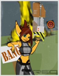 anthro clothing dress eightysix explosion female green_eyes gun lombax mammal ranged_weapon ratchet_and_clank red_(eightysix) solo sony_corporation sony_interactive_entertainment stripes weapon