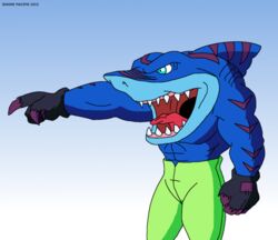 2013 abs anthro biceps biped blue_body blue_eyes blue_skin bottomwear clothed clothing dorsal_fin fangs fin fish gloves handwear hi_res hybrid male marine markings maxime-jeanne muscular muscular_anthro muscular_male open_mouth pants pecs pose purple_body purple_skin requiem_shark scales shark solo standing street_sharks streex stripes teeth tiger_shark tongue topless