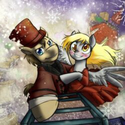 1:1 2013 amber_eyes balddumborat blonde_hair blue_eyes blush brown_body brown_fur brown_hair building clothed clothing crossover derp_eyes derpy_hooves doctor_whooves_(mlp) dress duo earth_pony equid equine feathered_wings feathers female feral friendship_is_magic fur grey_body grey_fur hair happy hasbro hat headgear headwear hi_res horse house hug ladder long_hair looking_at_viewer male mammal my_little_pony mythological_creature mythological_equine mythology outside pegasus plant pony short_hair smile snow snowflake spread_wings suit top_hat tree wings