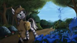 16:9 2013 blue_eyes clothing detailed_background dragon duo equid equine fan_character female feral forest hasbro hi_res hoodie horse mammal my_little_pony mythological_creature mythological_scalie mythology nature outside piercing plant poison_joke pony scalie spirit stripes topwear tree widescreen yakovlev-vad zebra