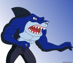 2013 abs anthro belt biceps biped blue_body blue_skin bottomwear clothed clothing dorsal_fin fangs fin fish great_white_shark hi_res mackerel_shark male marine maxime-jeanne muscular muscular_anthro muscular_male open_mouth pants pecs pose ripster shark solo standing street_sharks teeth tongue topless white_shark