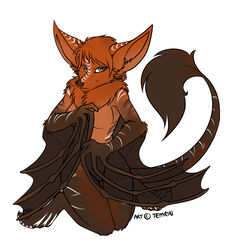 2011 aliara_(character) anthro bat biped brown_body brown_eyes brown_fur brown_markings brown_nose female fur kneeling looking_at_viewer mammal markings membrane_(anatomy) membranous_wings orange_body orange_fur realistic_wings simple_background solo tail tail_tuft temrin tuft white_background white_markings wings