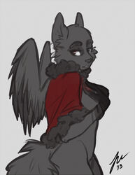 2013 anthro brown_eyes canid canine feathered_wings feathers female fur grey_body grey_fur jacqumo mammal melania signature solo speedpaint wings