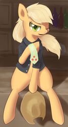 applejack_(mlp) aymint clothing earth_pony equid equine female feral freckles friendship_is_magic hasbro hat headgear headwear hi_res horse looking_at_viewer mammal my_little_pony necktie one_eye_closed pony shirt sitting solo topwear wink