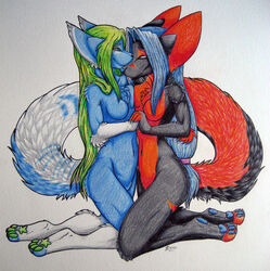 2011 anthro black_body black_fur blue_body blue_eyes blue_fur blue_hair blue_markings blue_pawpads breast_squish breasts breasts_frottage canid canine chest_tuft claws dawniie_aeonix duo featureless_breasts female female/female fur gloves_(marking) green_hair green_pawpads grey_background hair half-closed_eyes hand_holding kneeling leg_markings long_hair mammal markings narrowed_eyes navel orange_body orange_fur orange_markings pawpads simple_background smile socks_(marking) squish temrin temrin_(character) toe_claws tuft white_background white_body white_fur