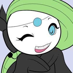 1:1 bust_portrait digital_media_(artwork) female generation_5_pokemon green_hair hair humanoid legendary_pokemon long_hair meloetta meloetta_(aria_form) meme nintendo not_furry one_eye_closed parody pokemon pokemon_(species) portrait reaction_image solo theboogie u_r_simgle wink