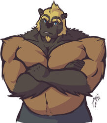 anthro beard black_nose blonde_hair blue_eyes clothed clothing facial_hair gulonine hair kuzuri looking_at_viewer male mammal mustelid musteline overweight overweight_anthro overweight_male punkjax scar slightly_chubby solo topless wolverine