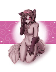 2012 abstract_background aeval anthro breasts canid canine canis chest_tuft featureless_breasts female fur halo leg_markings mammal markings navel nude pink_background pink_body pink_eyes pink_fur simple_background socks_(marking) solo temrin tuft white_background wolf