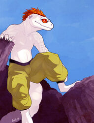 2013 albino amit anthro barcode biceps blue_background bottomwear bulge claws clothed clothing cloud digitigrade eublepharid feathers gecko leopard_gecko lizard male muscular muscular_anthro muscular_male outside pants pecs prosthetic red_eyes reptile rock scalie simple_background sky solo topless