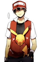 :d baseball_cap black_hair closed_eyes clothed clothing creatures_(company) duo eating ellipsis fingerless_gloves fur generation_1_pokemon gloves hair hand_in_pocket handwear hat headgear headwear heart_symbol human jacket kl light_body light_skin male male_focus mammal nintendo pikachu pockets pokemon pokemon_(species) pokemon_trainer red&#039;s_pikachu red_(pokemon) red_eyes rodent short_hair simple_background smile topwear white_background yellow_body yellow_fur