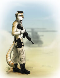 aircraft anthro bandana biped black_boots black_clothing black_eyewear black_footwear black_hair blurred_background boots bottomwear brown_body brown_ears brown_fur brown_markings brown_nose brown_stripes brown_tail clothed clothing desert detailed_background dirt eyewear felid footwear fur glasses gun hair helicopter holding_gun holding_object holding_ranged_weapon holding_weapon kerchief khaki_pants male mammal markings military multicolored_body multicolored_fur multicolored_tail neckerchief outside pantherine pants pockets ranged_weapon shemagh solo standing striped_body striped_fur striped_markings striped_tail stripes tail tail_markings tan_bandanna tan_bottomwear tan_clothing tan_kerchief tan_neckerchief tan_pants thetiedtigress tiger topless two_tone_body two_tone_fur two_tone_tail vehicle weapon white_body white_fur white_tail