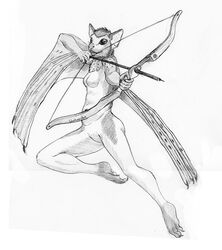 anthro arrow_(weapon) bat belly big_ears big_eyes bow_(weapon) breasts chest_tuft claws fangs female fur fur_pattern greyscale hair holding_object holding_weapon looking_at_viewer mammal membrane_(anatomy) membranous_wings monochrome nude ranged_weapon simple_background smile solo spots teeth toe_claws tuft valentinapaz weapon white_background winged_arms wings