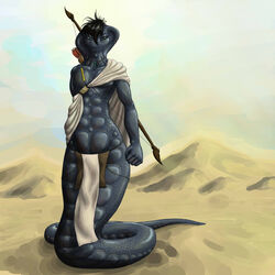 1:1 absurd_res ambiguous_gender anthro apode arrow_(weapon) bottomwear bow_(weapon) clothing cloud desert desolate draconcopode grey_body grey_scales hair hi_res hood jewelry legless loincloth naga necklace outside quiver_(object) ranged_weapon reptile robe sand scales scalie serpentine shanegdraco sky snake solo weapon