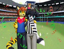 2013 anthro australian_rules_football blue_eyes buckley canid canine canis clothing digital_media_(artwork) domestic_dog duo felid fur hair hi_res jamesfoxbr looking_at_viewer male mammal markings open_mouth pantherine public saba scarf screen shaded smile sport stadium stripes teeth text tiger tongue