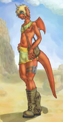 absurd_res anthro bag biped blonde_hair blue_eyes boots cliff clothing cloud desert dragon footwear hair hi_res male membrane_(anatomy) membranous_wings mountain mythological_creature mythological_scalie mythology navel open_mouth orange_body orange_skin outside scalie shanegdraco sky solo standing tail unigan wings