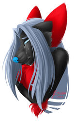 2012 ambiguous_gender anthro black_body black_fur blue_eyes blue_nose bodily_fluids crying fur hair red_body red_ears red_fur simple_background solo tears temrin white_background white_hair