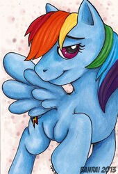 banrai blue_body blue_feathers blue_fur blue_wings colored_pencil_(artwork) equid equine feathered_wings feathers female feral friendship_is_magic fur hair hasbro mammal multicolored_hair my_little_pony mythological_creature mythological_equine mythology pegasus rainbow_dash_(mlp) rainbow_hair smile solo traditional_media_(artwork) wings