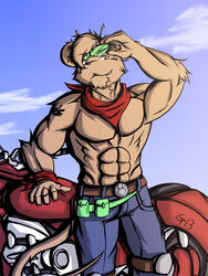 2013 3:4 abs anthro belt biceps biker_mice_from_mars bottomwear clothed clothing eyewear hi_res male mammal motorcycle mouse murid murine muscular muscular_anthro muscular_male pants pecs red_eyes rodent smile solo sunglasses tattoo throttle_(bmfm) topless unknown_artist vehicle