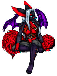 2011 anthro black_body black_ears black_fur blue_eyes blue_nose boots breasts canid canine chest_tuft clothed clothing digital_media_(artwork) dragon female fluffy fluffy_tail footwear fur hi_res hybrid mammal markings mythological_creature mythological_scalie mythology pollo-chan red_ears red_markings red_tail scalie shaded simple_background solo tail temrin temrin_(character) temrin_sanjem tuft white_background