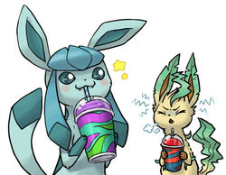 ambiguous_gender beverage blue_sclera blush brain_freeze duo eeveelution elemental_creature emanata fangs feral flora_fauna food generation_4_pokemon glaceon leafeon mammal nintendo plant pokemon pokemon_(species) simple_background slurpee teeth unknown_artist white_background