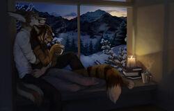 2013 4_toes anthro barefoot beverage black_nose book bottomwear brown_hair candle canid canine clothing container cozy cuddling cup detailed_background dexter_(character) dress_shirt duo ear_piercing evening feet felid female fennec_fox fox hair holding_beverage holding_object hug inside love lux_(character) male male/female mammal mountain night pantherine pants paws piercing piranhapettingzoo plant reclining romantic romantic_ambiance romantic_couple shirt short_hair sitting sky snow steam sunset tiger toes topwear tree true_fox window winter