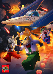 amphibian anthro arwing avian baseball_cap beak belt bird blue_eyes buckteeth canid canine clothed clothing driving explosion falco_lombardi fox fox_mccloud frog frown fully_clothed group hat headgear headwear hi_res jacket jumpsuit lagomorph laser lego lego_brick lego_minifigure leporid long_ears male mammal nintendo open_mouth peppy_hare rabbit red_eyes running sitting slippy_toad spacecraft star_fox teeth topwear vehicle wes-talbott