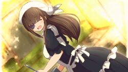  :d apron artist_name black_dress blurry blurry_background blush brown_hair character_request cooking dress eyepatch facing_viewer female highres indoors long_hair nagai_gojitsudan_no_nechronica open_mouth pot short_sleeves smile solo white_headwear zetamanas_atman 