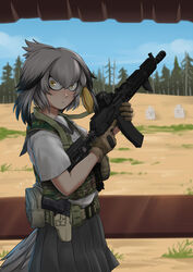  absurdres ak-105 ak-74 assault_rifle black_hair blonde_hair closed_mouth commentary day english_commentary eotech eotech_exps3 female gloves grey_hair gun hair_intakes handgun highres holding holding_gun holding_weapon holster holstered kalashnikov_rifle kemono_friends load_bearing_vest mardjan multicolored_hair outdoors pleated_skirt rifle school_uniform serafuku shoebill_(kemono_friends) shooting_range short_sleeves sig_p228/p229 sig_sauer skirt solo tail trigger_discipline weapon yellow_eyes 