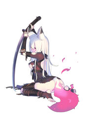  animal_ears ass black_dress breasts commentary_request dress enkyo_yuuichirou facial_mark female flower fox_ears fox_tail full_body hair_ornament highres holding holding_sword holding_weapon katana kitsunegasaki_tametsugu_(tenka_hyakken) long_hair official_art purple_eyes red_nails simple_background sitting solo sword tail tenka_hyakken thighhighs toes torn_clothes torn_thighhighs wariza weapon white_background white_hair 