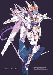  breasts clenched_hands crossed_legs dated female floating floating_hair green_eyes grey_background gundam gundam_hathaway&#039;s_flash highres humanization long_hair looking_at_viewer looking_to_the_side mecha_musume medium_breasts michi_kuso ponytail purple_hair science_fiction solo v-fin xi_gundam 