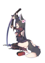  animal_ears ass black_dress black_hair breasts cherry_blossoms commentary_request dress enkyo_yuuichirou female flower fox_ears fox_tail full_body hair_flower hair_ornament highres holding holding_sword holding_weapon katana kitsunegasaki_tametsugu_(tenka_hyakken) long_hair official_art pink_flower simple_background sitting solo sword tail tenka_hyakken thighhighs toes torn_clothes torn_thighhighs wariza weapon white_background yellow_eyes 