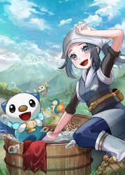  :d akari_(pokemon) black_hair brown_footwear bubble cloud cyndaquil day eyelashes female fire galaxy_expedition_team_survey_corps_uniform grass grey_eyes head_scarf highres long_hair mountain open_mouth oshawott outdoors pokemon pokemon_(creature) pokemon_legends:_arceus ponytail red_scarf rowlet sash scarf setta_shu shoes sidelocks sky sleeves_rolled_up smile socks starter_pokemon_trio teeth tongue tree unworn_scarf upper_teeth_only washtub water white_headwear white_socks 