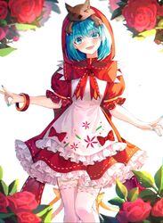  &gt;_&lt; animal_on_head apron armlet bad_id bad_pixiv_id blue_eyes blue_hair blue_nails blush bow_legwear commentary dress female fingernails flower fox fox_on_head frilled_apron frilled_dress frills hatsune_miku highres hood hood_up looking_at_viewer mikuzukin_(module) minttchocok nail_polish on_head open_mouth project_diva_(series) puffy_short_sleeves puffy_sleeves red_dress red_flower red_hood red_rose ribbon-trimmed_dress ribbon-trimmed_thighhighs ribbon_trim rose short_hair short_sleeves solo standing symbol-only_commentary teeth thighhighs vocaloid white_apron white_thighhighs 