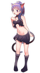  animal_ears bare_arms bare_shoulders black_bra black_skirt blush boots bra breasts cat_ears cat_tail collarbone commentary female harukagi long_hair looking_at_viewer medium_breasts navel open_mouth original pleated_skirt ponytail purple_eyes purple_footwear purple_hair simple_background skirt solo tail underwear white_background 