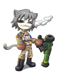  2022 ambiguous_gender animal_humanoid azov_battalion boots bulletproof_vest camo camo_clothing camo_print cat_humanoid cat_tail cigarette cigarette_in_mouth closed_eyes clothing combat_boots digital_media_(artwork) felid felid_humanoid feline feline_humanoid footwear grey_hair hair hi_res humanoid javelin_(weapon) mammal mammal_humanoid military military_clothing military_uniform neco-arc neco-arc_chaos neco_spirit object_in_mouth patch_(fabric) pattern_clothing politics russo-ukrainian_war simple_background smoking soldier solo text tsukihime type-moon ukraine ukrainian_text uniform unknown_artist war warrior weapon white_background 